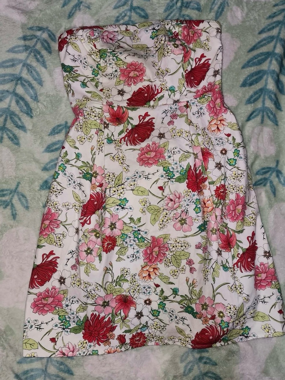 Old Navy White Strapless Dress with Pink & Red Floral Print